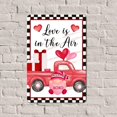 thumbnail image 1 of Letreros de metal retro "El amor está en el aire", diseño de gnomo de camión rojo a cuadros negros, placa de metal para San Valentín, 12 x 8 pulgadas, 1 of 4
