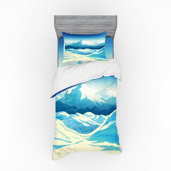 Ambesonne Landscape Bedding Set 3 Pcs, Snowy Mountainous Area, Twin XL, Sky Blue Pale Yellow