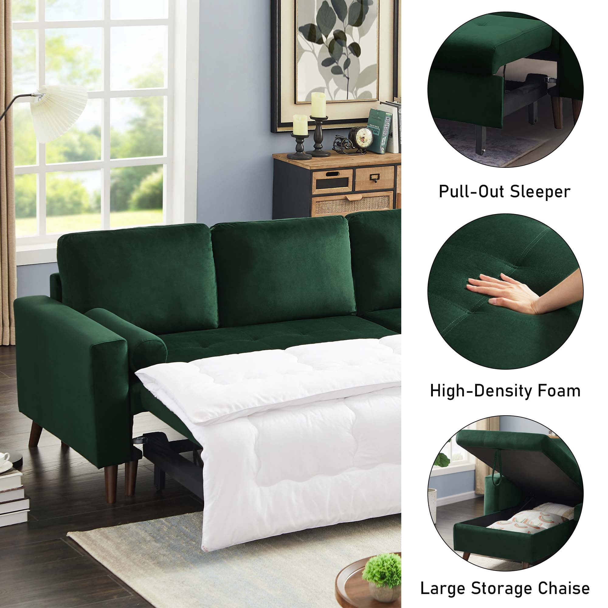 Aukfa 88" Convertible Sectional Sleeper Sofa- Pull Out Sofa Bed with Storage Chaise for Living Room, Velvet - Green