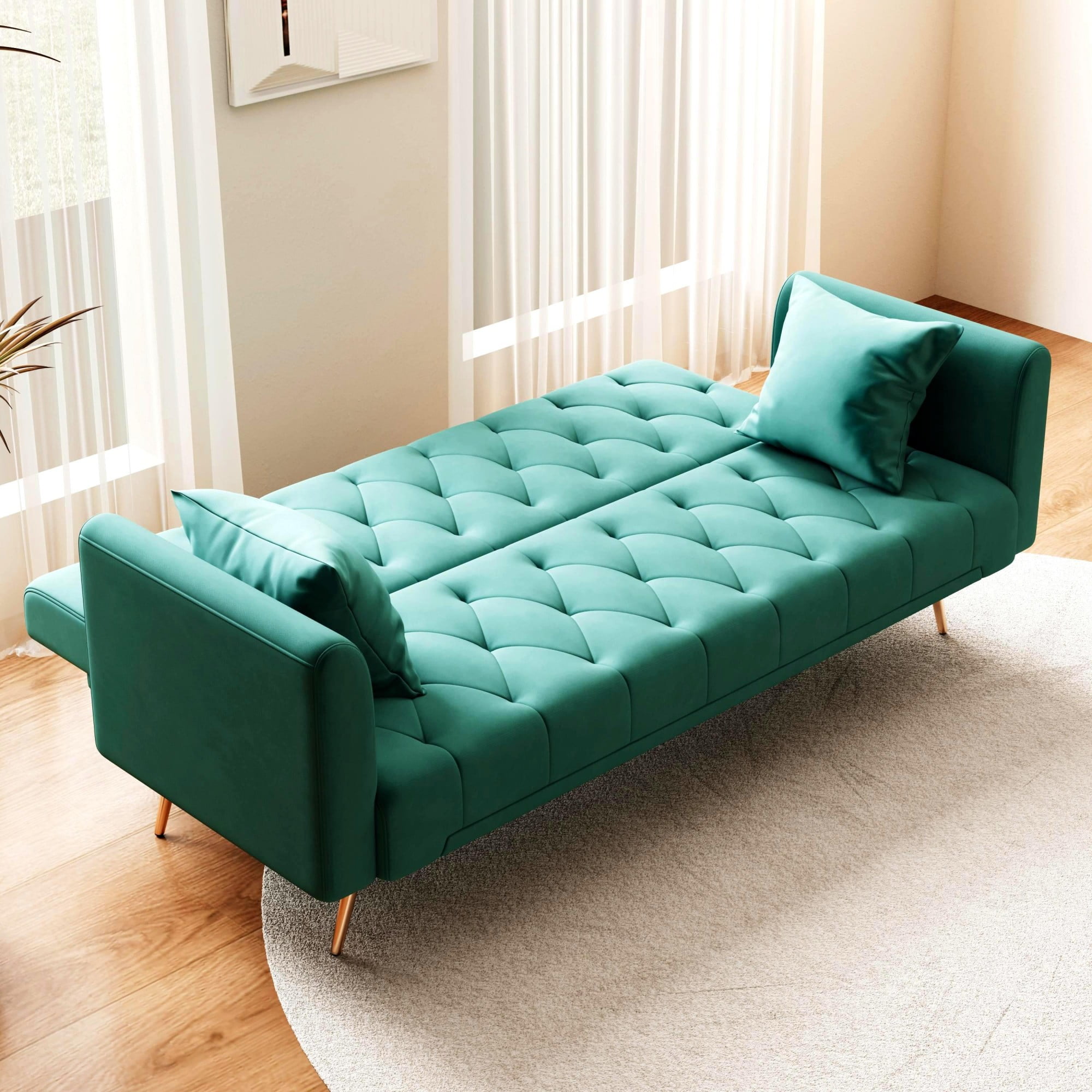 Jopath Velvet Futon Sofa Bed,Convertible Sleeper Couchwith Adjustable Backres & 2 Pillows for Small Spaces,Living Room,Green02