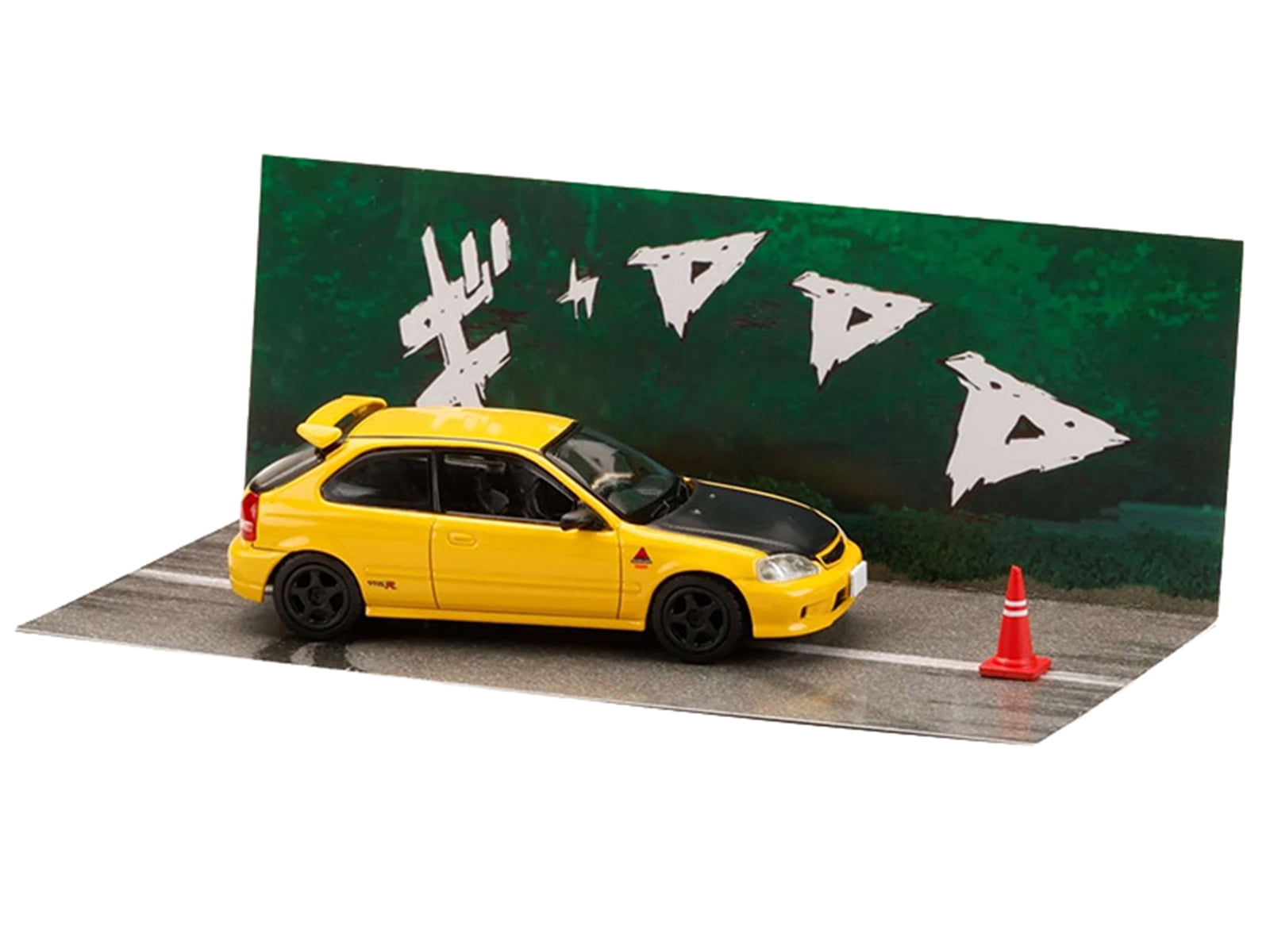 Honda Civic (EK9) RHD Yellow with Carbon Hood "Initial D" (1995-2013) Manga 1/64 Diecast Model Car by Hobby Japan