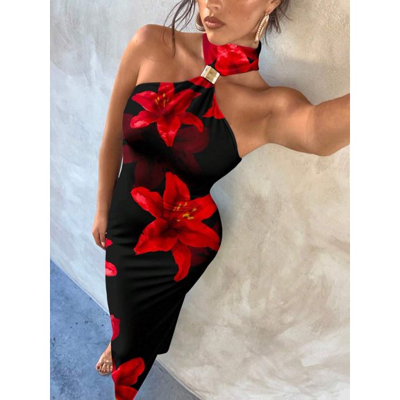 Red And Black Womens One Shoulder Metal Buckle Decor Bodycon Stretch Maxi Dress With Floral Print