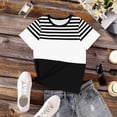 thumbnail image 4 of Otvok Womens Summer Tops Colorblock Striped Short Sleeve Crew Neck Casual T-Shirt Soft Dressy Blouses Trendy Fashion Outfits, 4 of 6