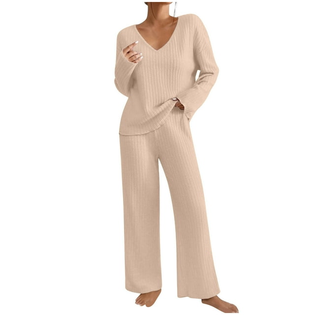 yoeyez Two Piece Womens Pajama Sets Ribbed Knit Comfy Long Sleeve Lounge Sets 2 Piece Matching Pj Sets with Pockets Long Pants Soft Sleepwear Beige L