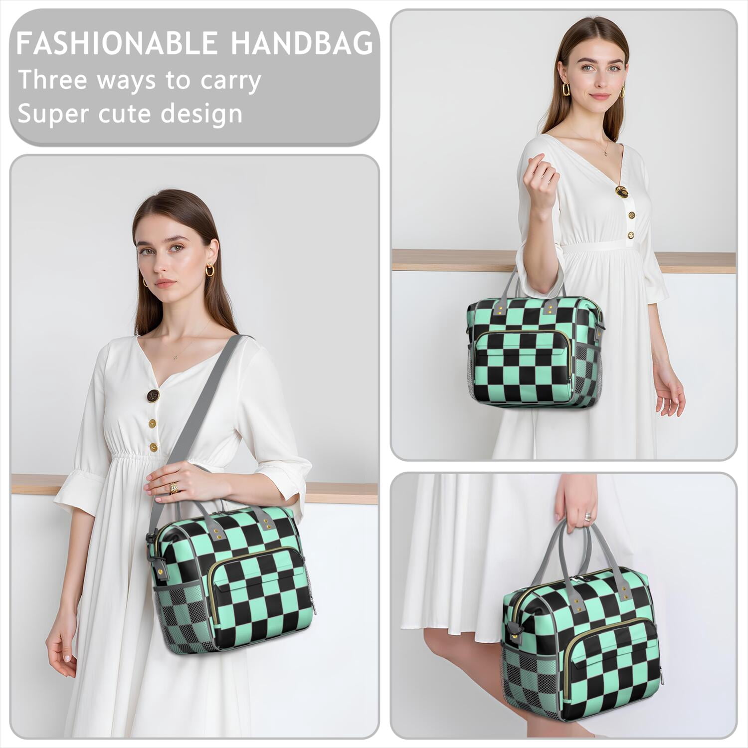 Colorful Checkered Leakproof Lunch Box - Large Insulated Cooler Bag with Multi-Pocket for School, Office & Travel