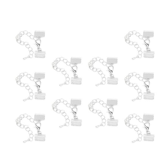 10 Pcs 10mm Plated Ribbon Ends Fastener Clasps Textured Crimp End Clamps Cord Ends Buckles Zipper Clips DIY Jewelry Accessories (Silver, 5cm Chain,12mm Lobster Buckle)