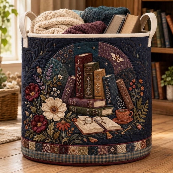 Quilted Vintage Book Lover Storage Basket, Cozy Library Laundry Bin