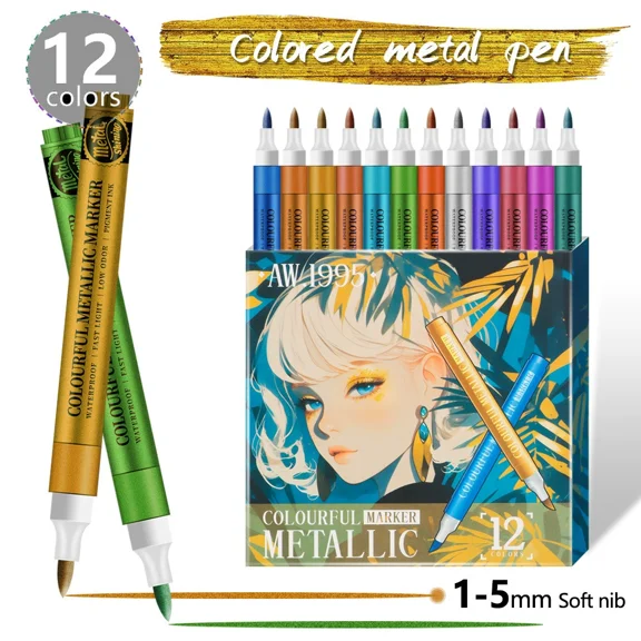 12 Colors Metallic Acrylic Markers Pens Paint Pens for Black Paper, Glass, Rock Painting