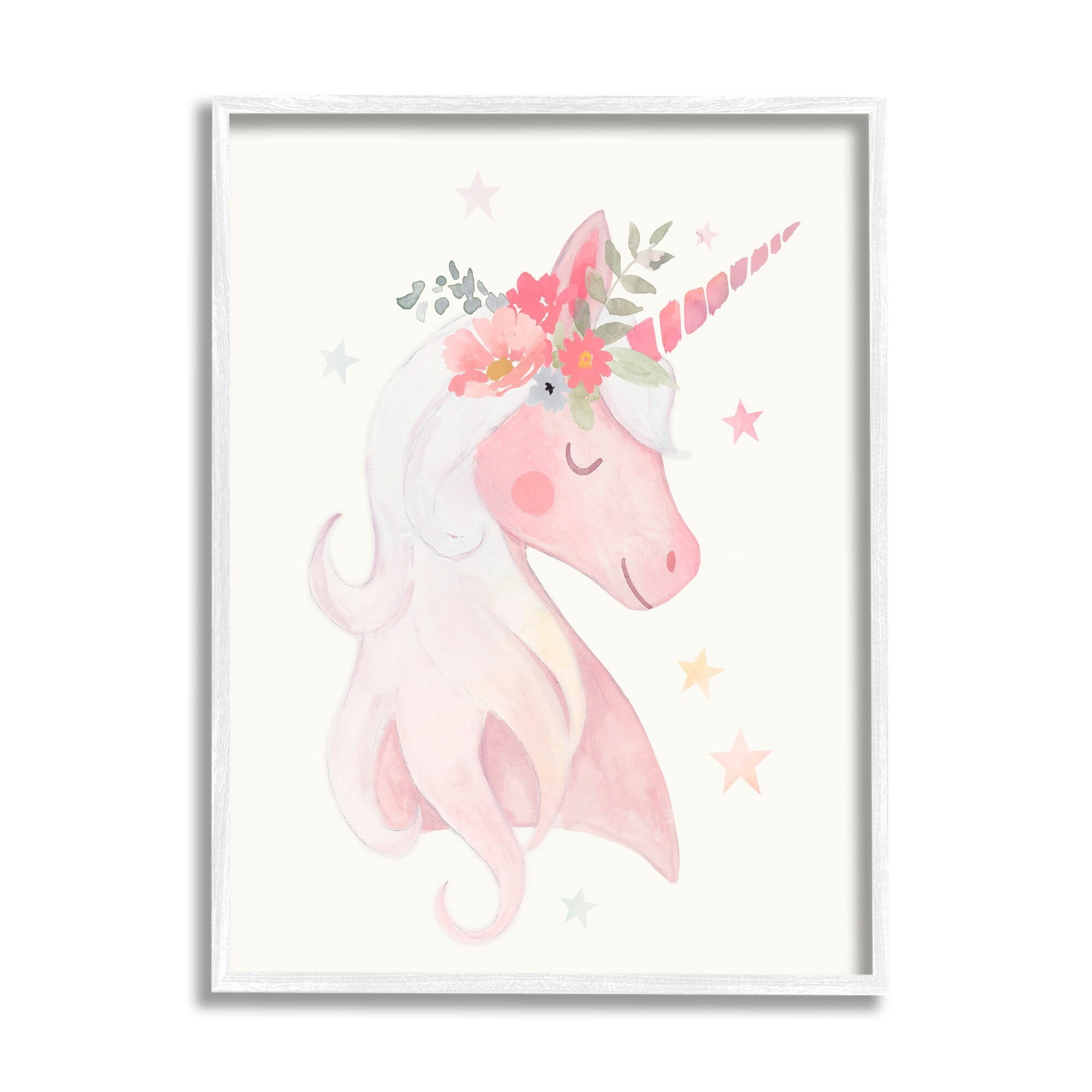 Stupell Industries Pastel Smiling Unicorn Pink Flower Blossom Crown Graphic Art White Framed Art Print Wall Art, Design by Victoria Barnes