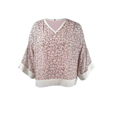 TOMMY HILFIGER Womens Pink Layered Floral 3/4 Sleeve V Neck Tunic Top 0X
