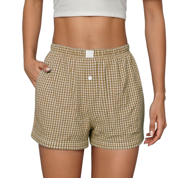 WAYUTE Shorts for Women Plaid Print with Button Front Stretchy Lightweight Elastic Waist Shorts Casual Soft Comfort Summer Dailywear