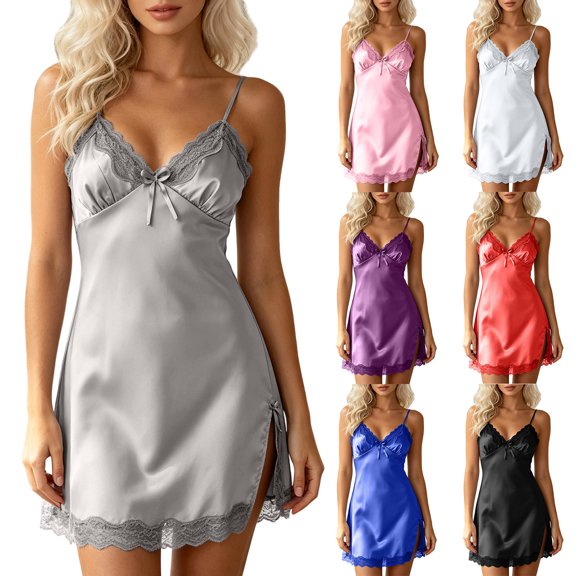 Bixock Women Silk Nightgowns Loungewear Nightshirts Sleeveless Lace Splice Cami Sleep Dress Thin Strap Relaxed Indoor Home Homewear Sleepwear Women Clothings