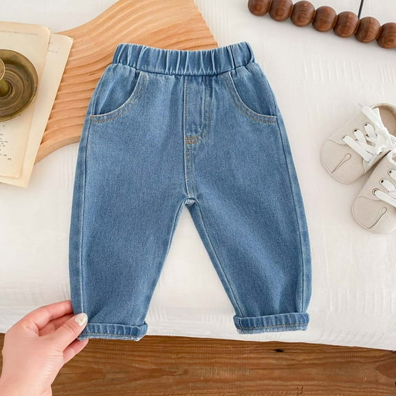 HAOTAGS Boys Jeans Straight-Leg Size 6,Elastic Waist Casual Full Length Joggers Denim Blue