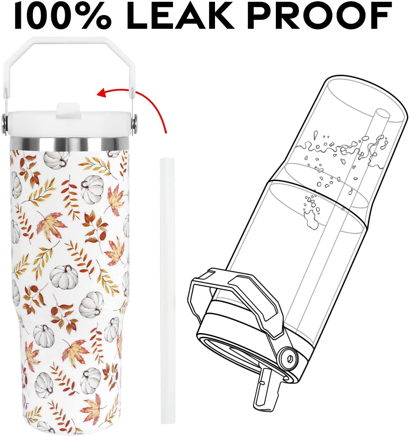 Fall Tumbler with Lid and Straw 30oz,White Pumpkin Maple Leaf Vacuum Autumn Insulated Leak Proof Tumbler,Farmhouse Gift Cute Women Kids Teen Girls,Thanksgiving Accessories Stainless Steel Coffee Cup