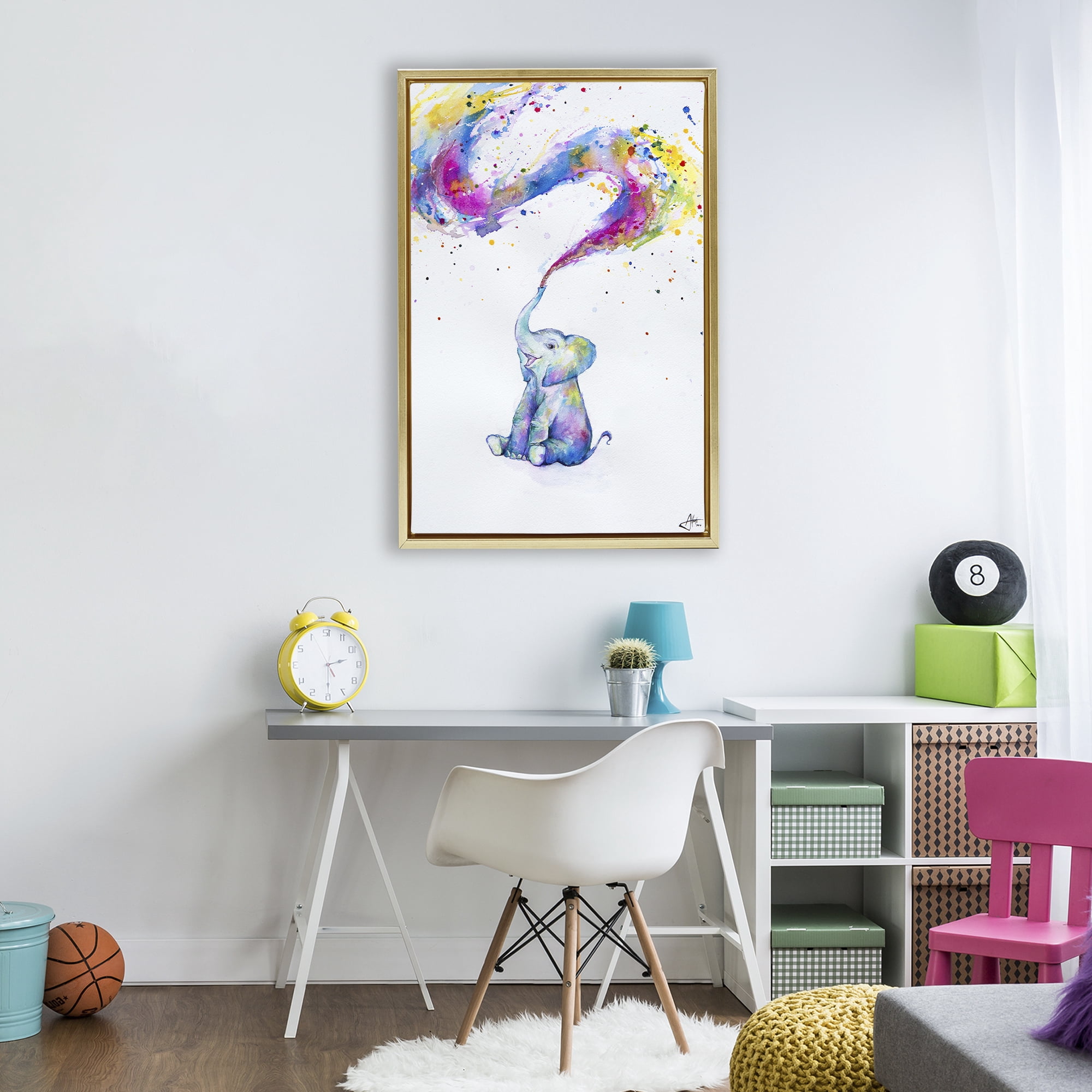Stupell Industries Spring Elephant & Paint Splatter Gold Framed Floater Canvas Wall Art, design by Marc Allante