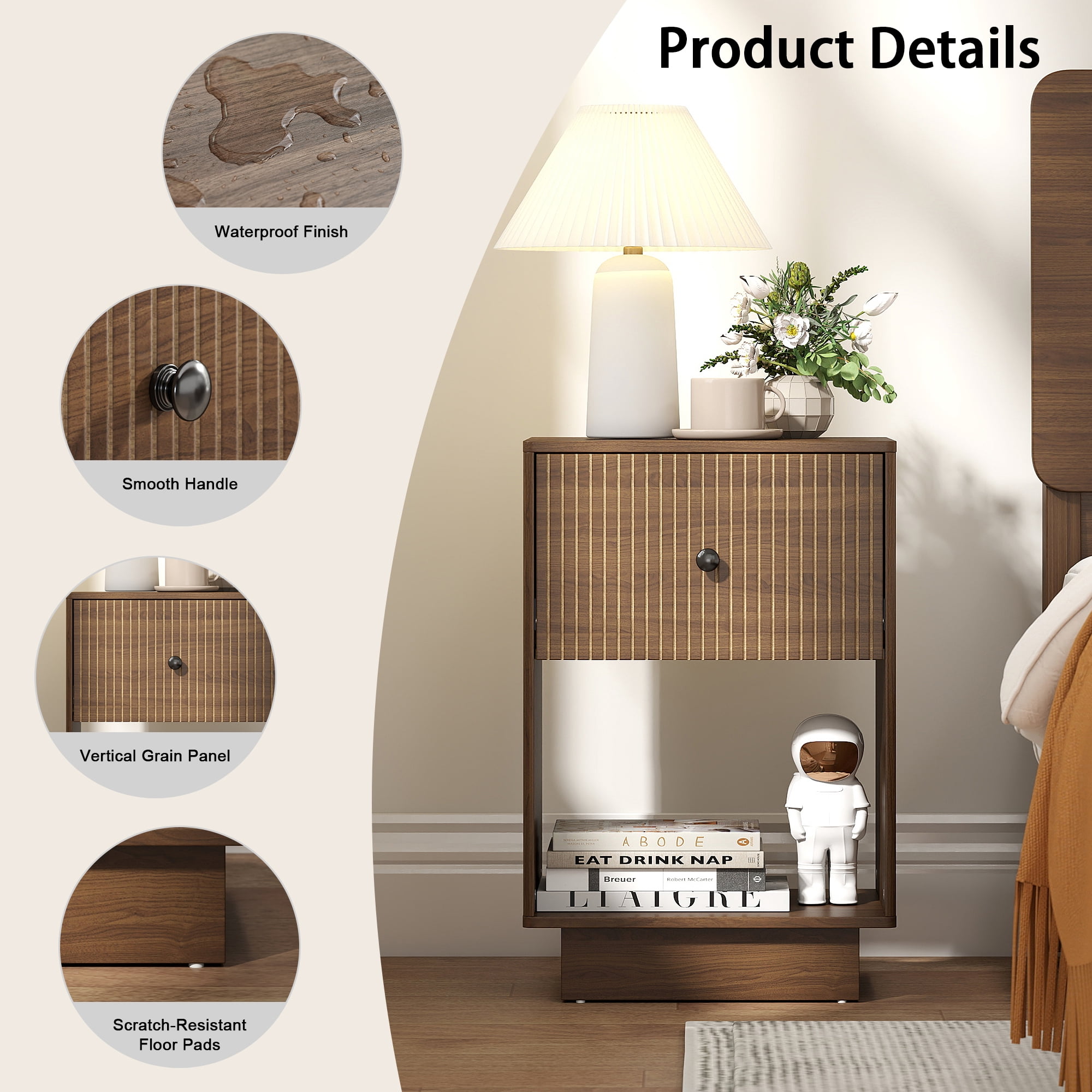 Fluted Nightstand Set of 2, Mid Century Bedside Tables with Drawer & Storage, Small End Tables for Bedroom, Walnut