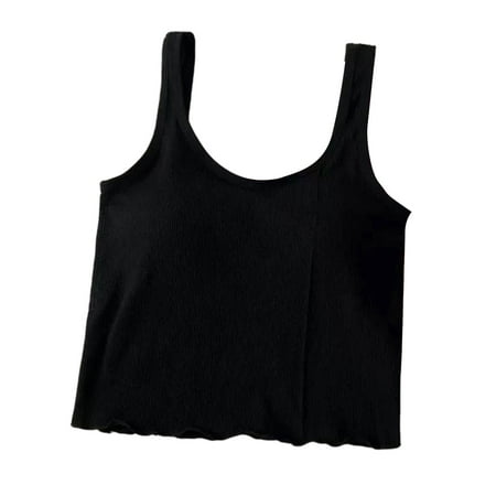 

Women Wide Strap Basic Crop for Tank Top with Shelf Bra Ribbed Knit V-Neck Solid Color Slim Vest Lettuce Hem Sports Cami