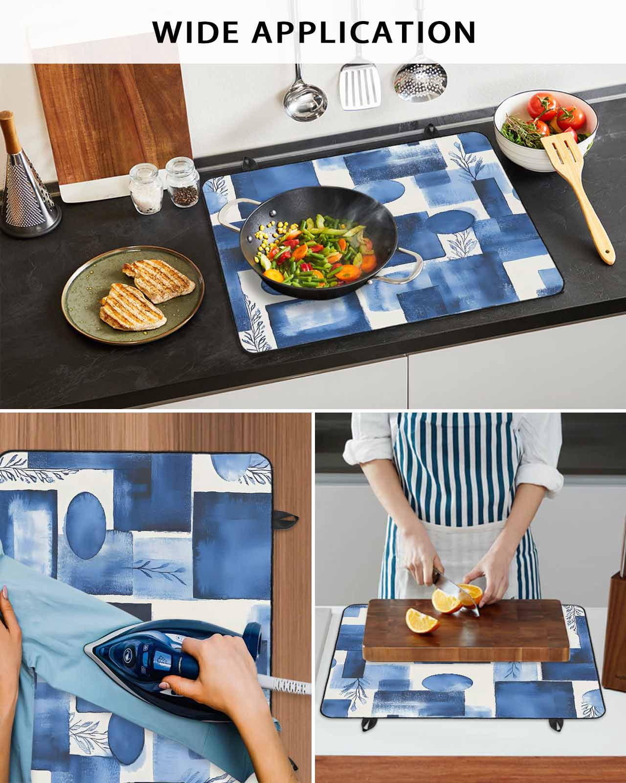 nqOlkjepod Large Induction Cooktop Protector Mat 36"x21", Abstract Blue Stove Top Covers for Electric Stove, Geometric Leaves Modern Minimalist Stove Burner Cover Mats, Glass Top Stove Cover