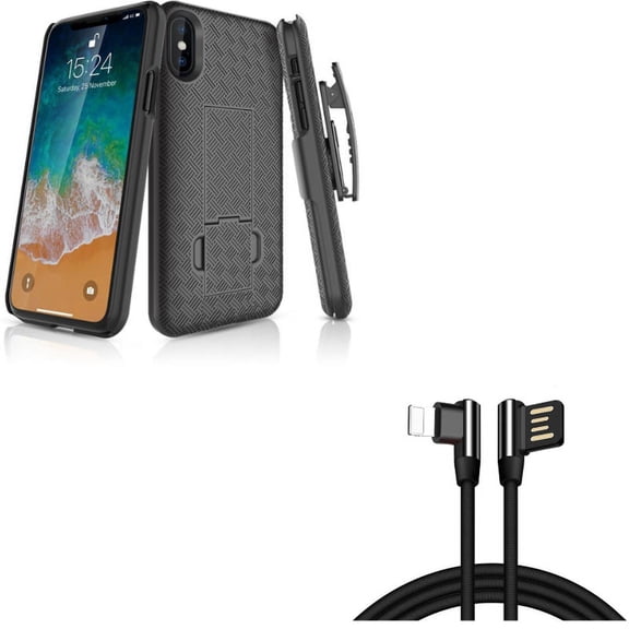 Angle USB Cable w Case Belt Clip for iPhone XS/X - 10ft Charger Cord Power Wire Sync, Holster Swivel Cover Kickstand Armor for iPhone XS/X
