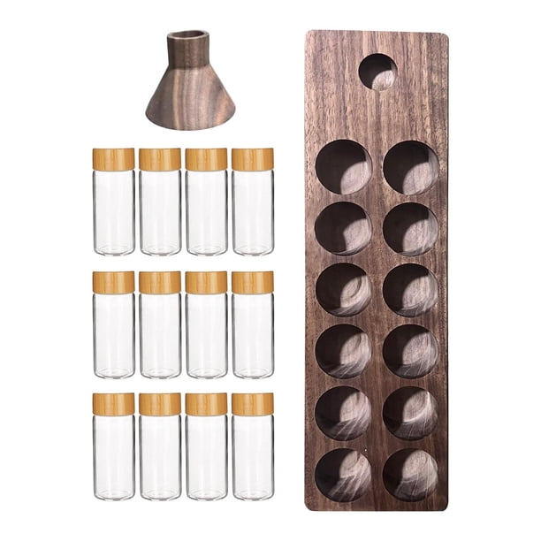 Frasco para granos de café con estante, frasco de vidrio para almacenar alimentos, tubo de ensayo, recipiente hermético para cereales. Embudo 12 Agujeros Marrón