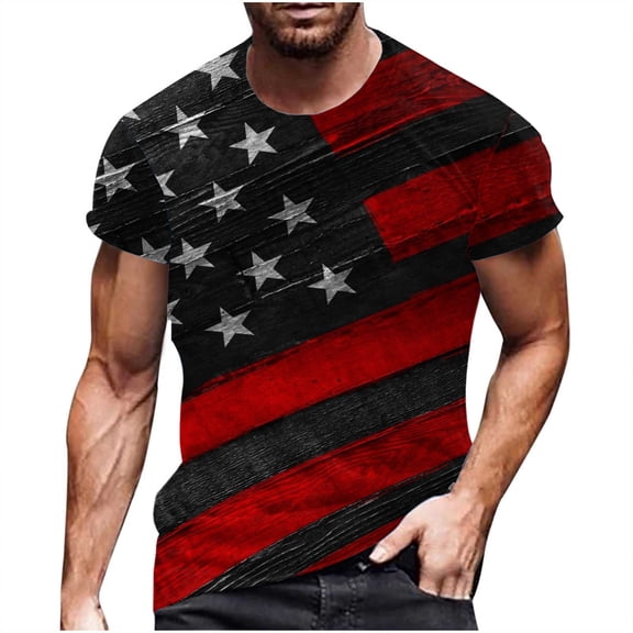 ibuvkizy Men's 4Th of July USA Shirts Shirt Short Sleeve American Flag T-Shirt Fashion Men Round-Neck Printed Casual T-Shirt Tops Blouse Summer Patriotic Graphic Tees