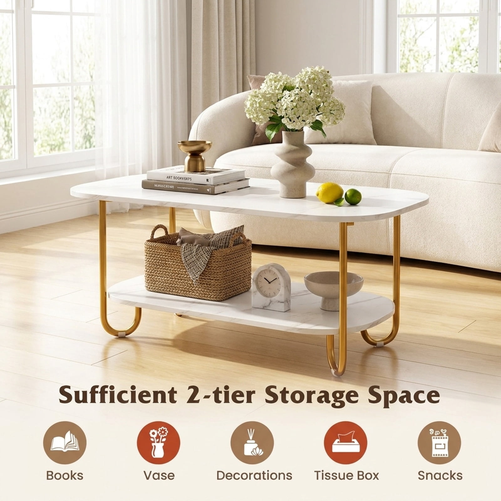 Furnibear Modern 2-Tier Coffee Table with Faux Marble Top Powder-Coated Metal Frame and Storage Shelf for Living Room and Study, White