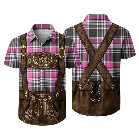 Men's Oktoberfest Themed Lederhosen Print Shirt, Plaid Short Sleeve Button Down Shirt