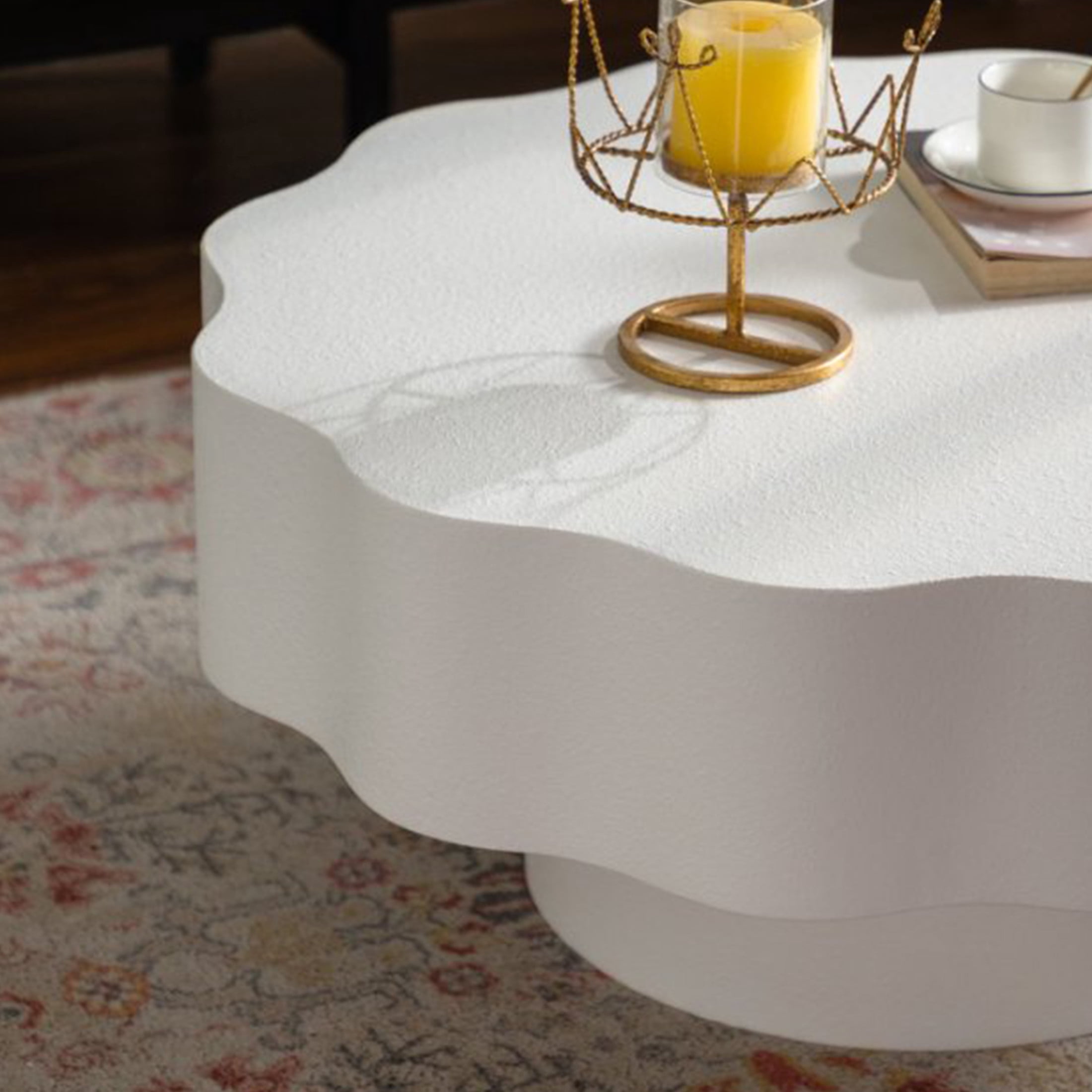 Noble House Rostin 31.5" Scalloped Coffee Table, Modern Wave-Edge Round Accent Table for Stylish Spaces, Cream White
