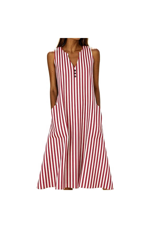 Women's Striped Maxi Dress Sleeveless V Neck Casual Loose A Line Flowy Long Dress with Pockets Summer Beach Vacation Outfits Red