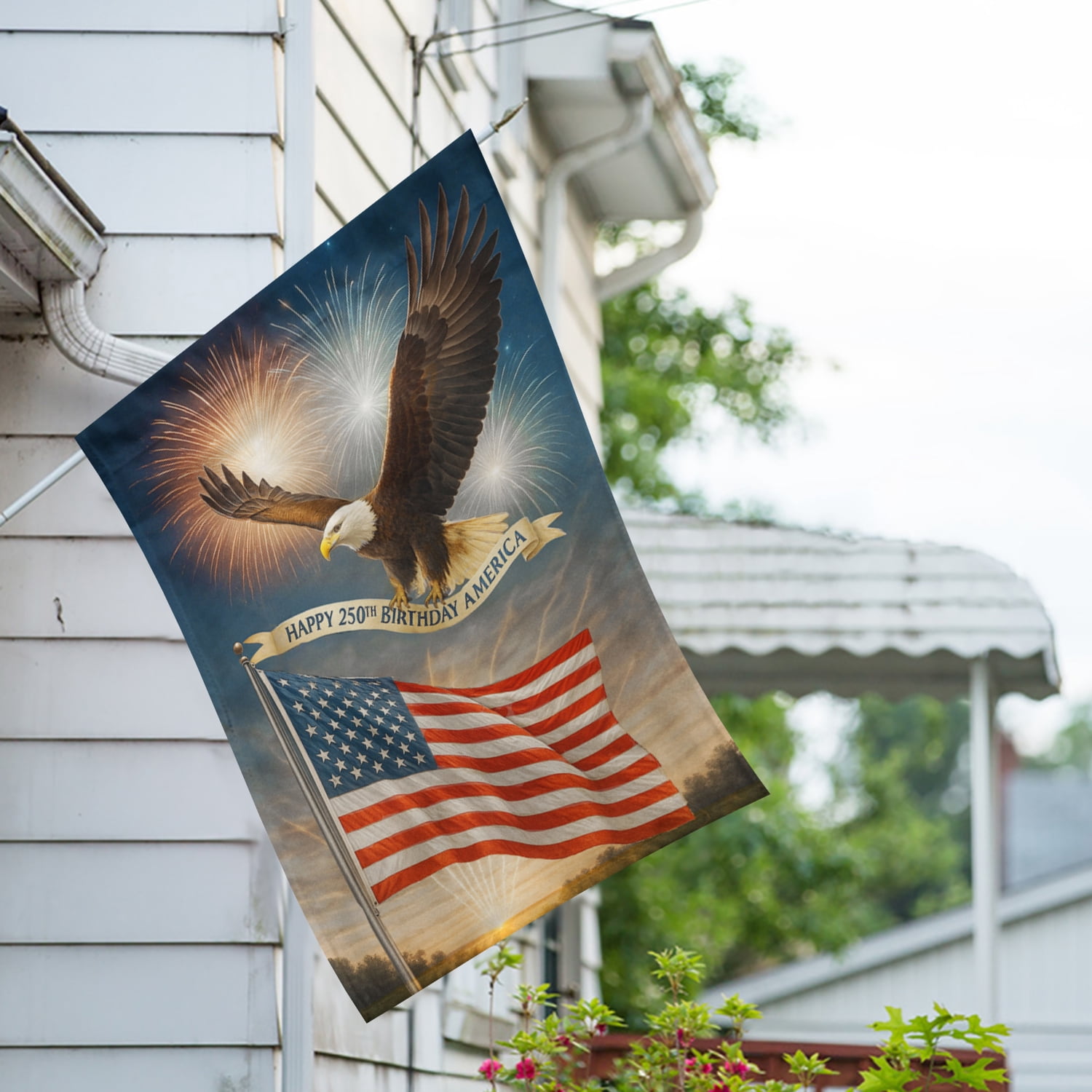America Forever Happy 250th Birthday America House Flag, 28 x 40 inch Double Sided, Bald Eagle American Flag Fireworks, USA Semiquincentennial Patriotic Celebration