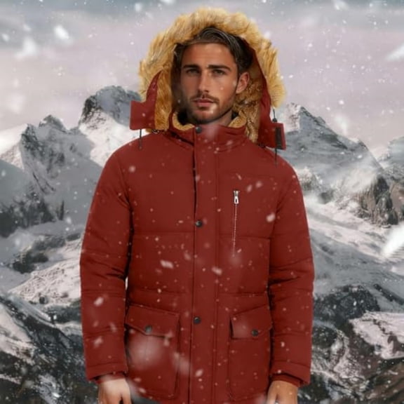 Men's Heavyweight Lambswool Lined Jacket, Zippered Pocket Hooded Thick Windproof Winter Coat Red L