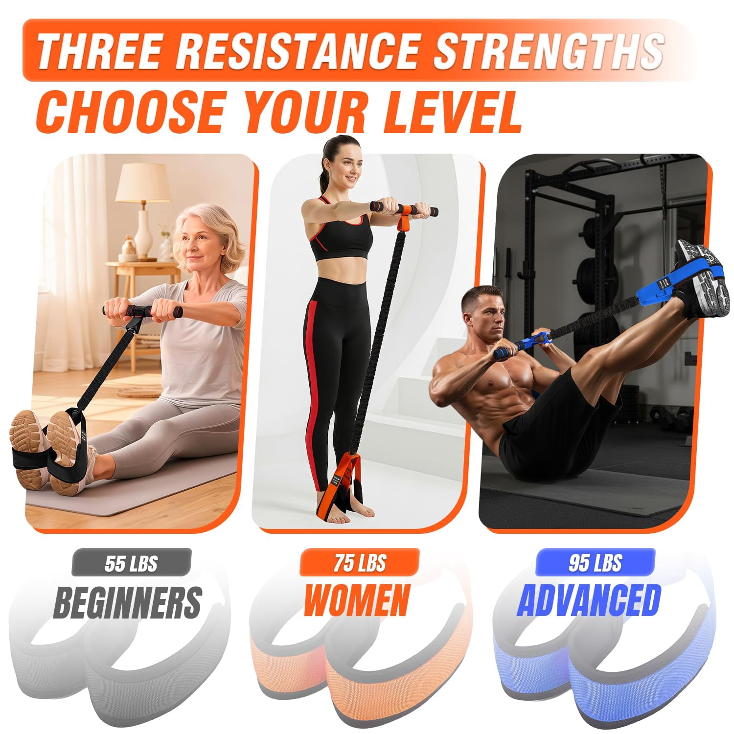 Pedal Resistance Band with Handles, 55/75LBS Women Exercise Band for Full Body Training, Core, Legs, Glutes, Arms & Sit Up Equipment