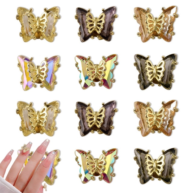 12 piezas de adornos 3D para uñas, mariposas 3D, diamantes de imitación, cristales de cristal, mariposas giratorias, gemas de metal, decoración con purpurina, accesorios para uñas