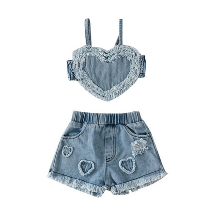 

Lieserram Baby Toddler Girls 2-Piece Denim Outfit 3 6 9 12 18 24Months Sleeveless Heart Camisole and Elastic Ripped Denim Shorts Summer Clothing