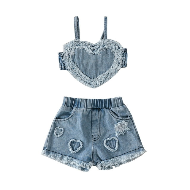 Gupgi Baby Girls Denim Outfits Sleeveless Heart Vest Elastic Ripped Shorts