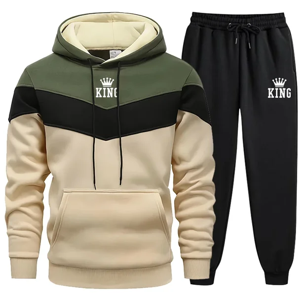 Chándal con estampado de rey para hombre, sudaderas con capucha tricolores a la moda, pantalones para correr, camisetas casuales populares cálidas para otoño e invierno