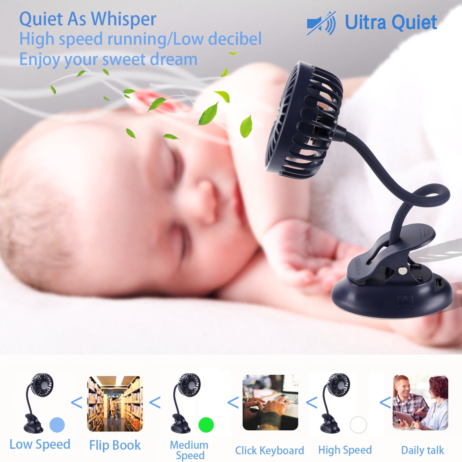 Clip on Small Mini Fan, Portable Usb Battery Operated Rechargeable Quiet