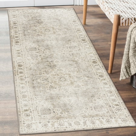 ReaLife Machine Washable Rug - Stain Resistant  Non-Shed - Eco-Friendly  Padded  Family & Pet Friendly - Made from Premium Recycled Fibers - Vintage Bohemian Medallion - Beige Ivory  2 6  x 6