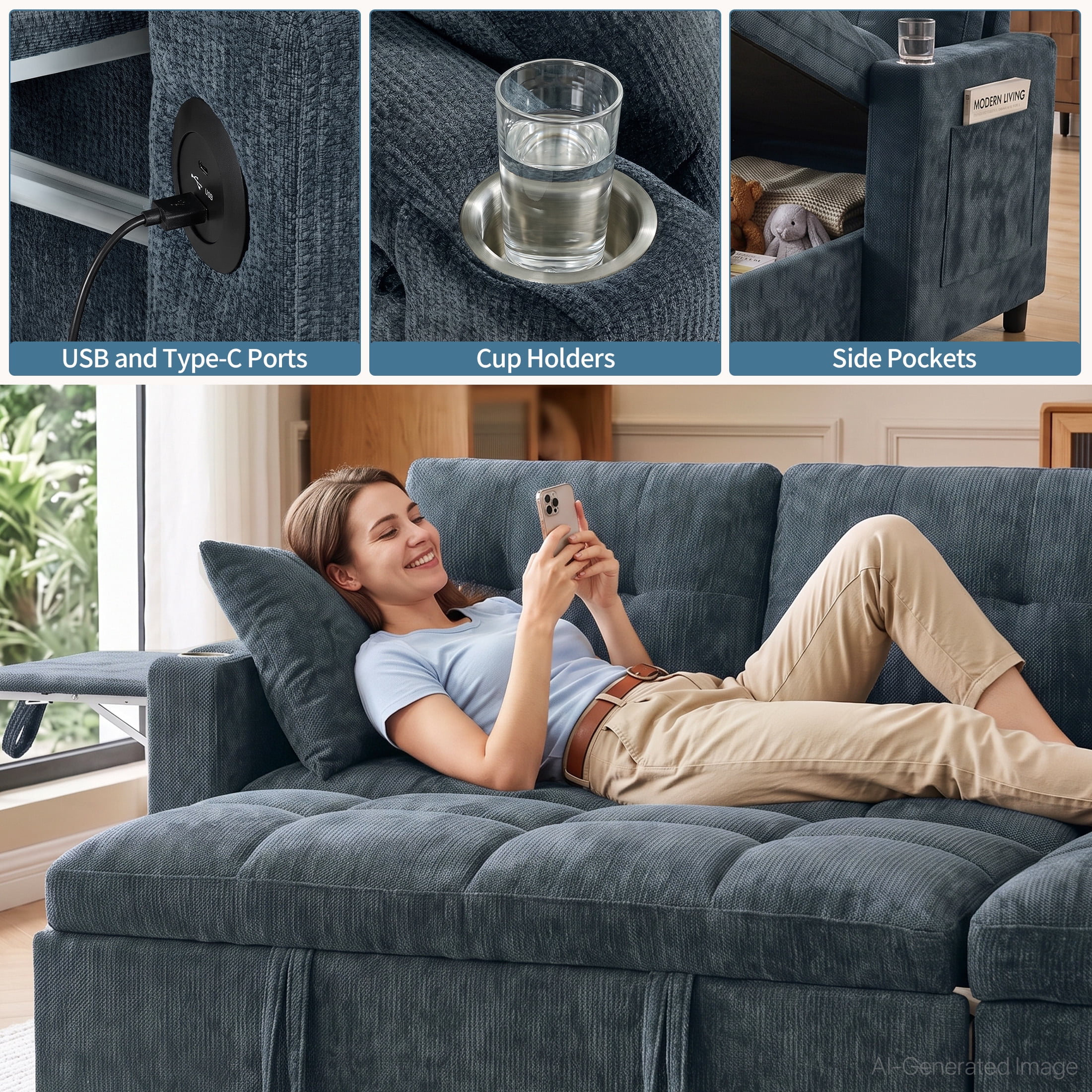 Aenkyo 108" Chenille U-Shaped Sectional Pull Out Sofa Bed with Dual Storage Chaises, Blue