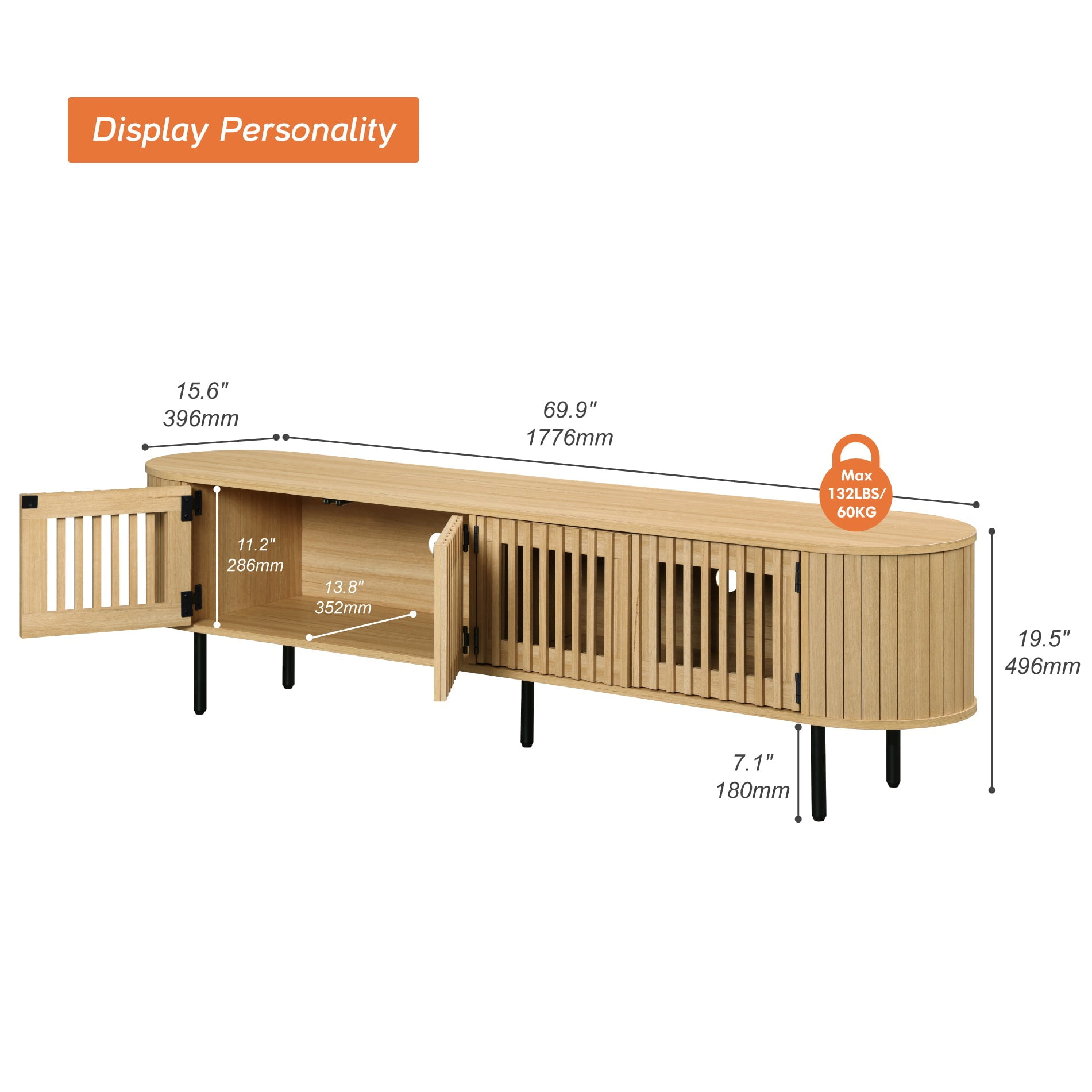WAMPAT 70" Fluted TV Stand for TVs up to 75”, Wooden Media Console with Pop-up Doors & Storage for Living Room Bedroom, Natural Oak