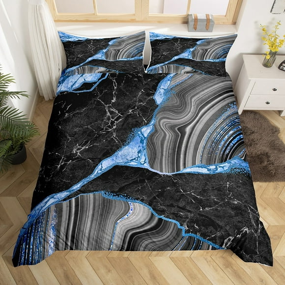 Black Gray Marble Duvet Cover Queen, Blue Marbling Crack Print Bedding Set For Adults, Abstract Metallic Texture Comforter Cover, Grey Luxury Shinny Room Decor Boho Hippie Fluid Quilt Cover