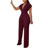 Solid Short Sleeve Jumpsuits for Women Deep V-Neck One Piece Outfits Pants Autumn Slim-Fit Casual Rompers Overalls
