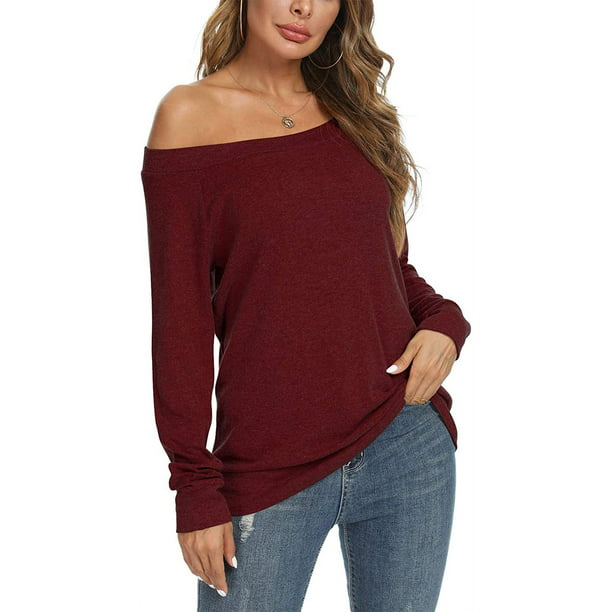 POPYOUNG Womens Off Shoulder Long Sleeve Blouses Casual Tunic Tops ...