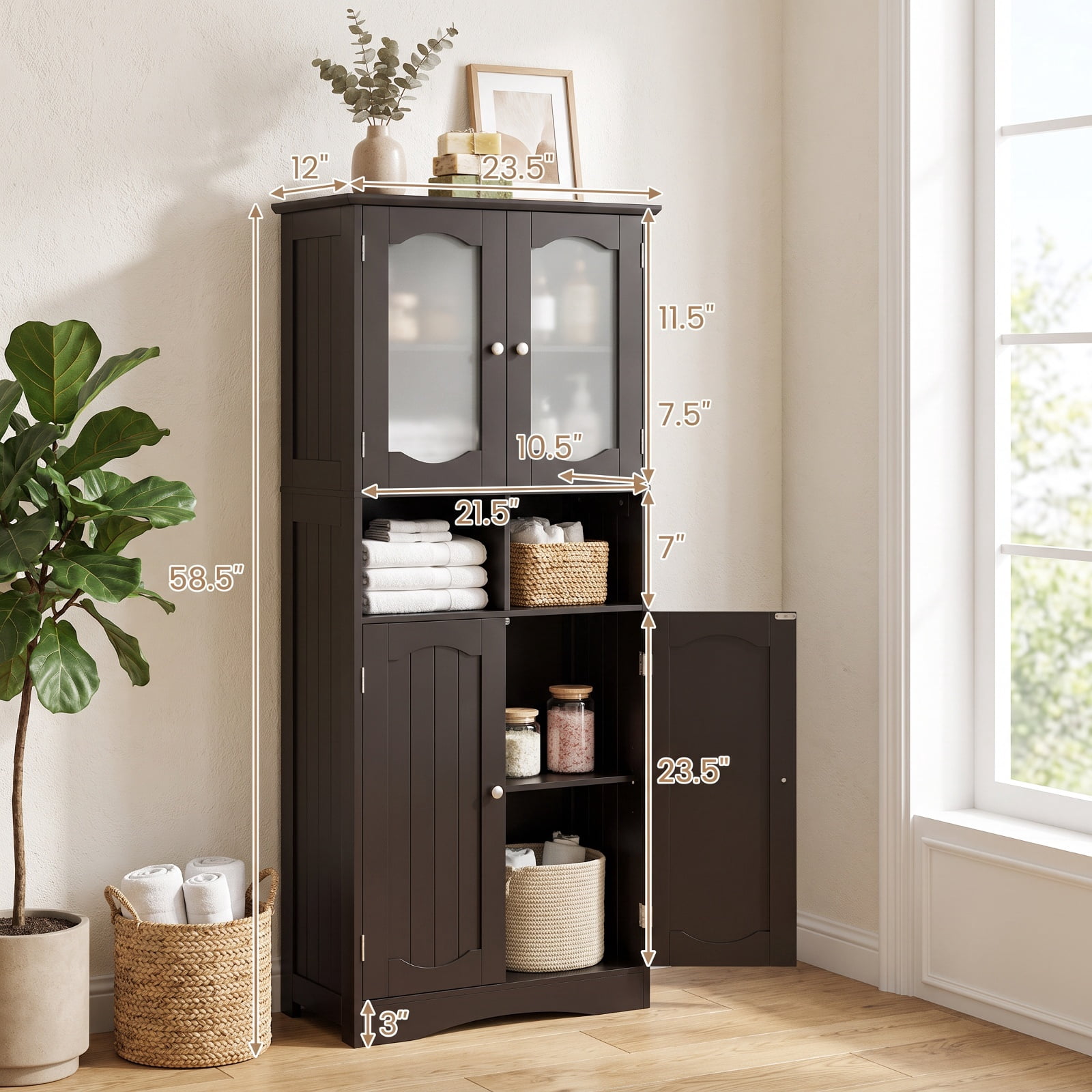 Vebreda Freestanding Bathroom Storage Cabinet, 58.5 Inch Freestanding Linen Bathroom Storage Cabinet with Frost Glass Doors, 2 Adjustable Shelves