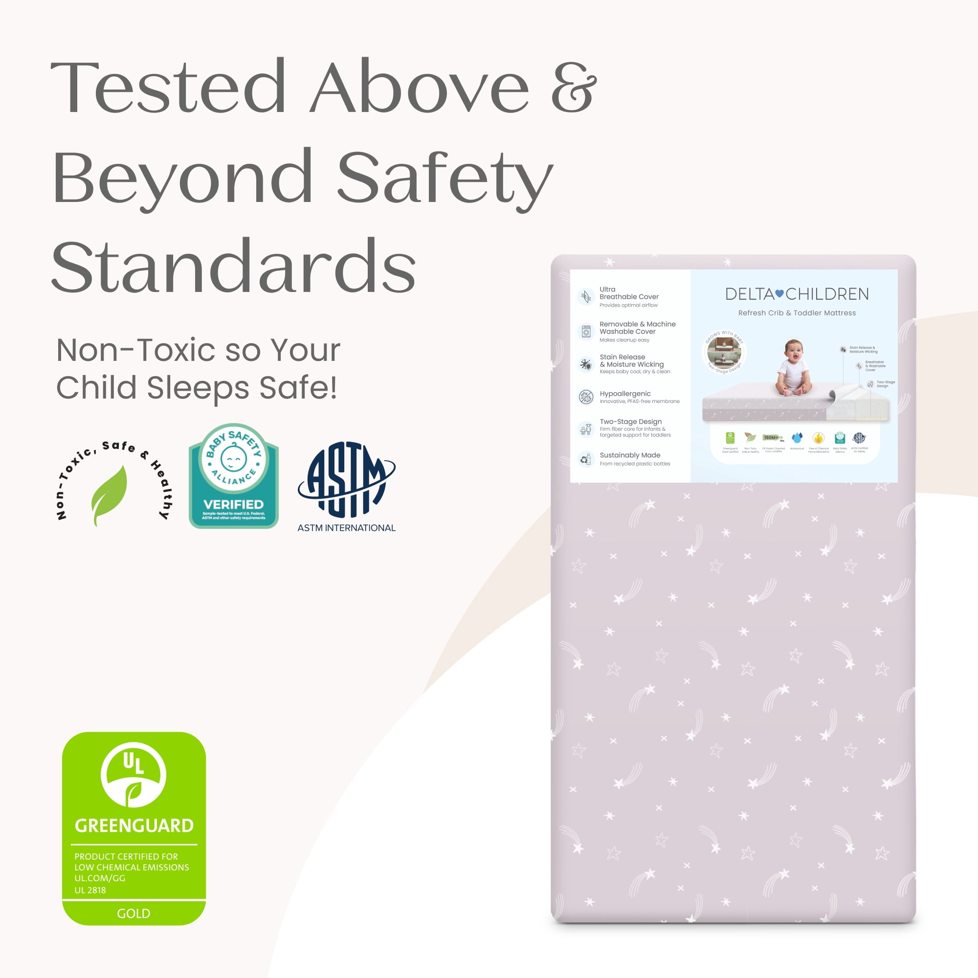 Delta Children Refresh 2-Stage Crib and Toddler Mattress - Breathable Cover and Core - Machine Washable - GREENGUARD Gold – Waterproof - Sustainably Sourced Core, Pink