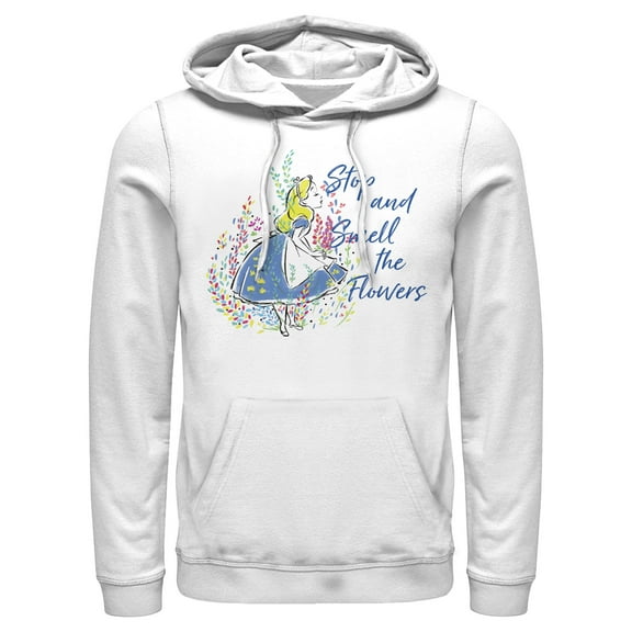 Men's Alice in Wonderland Stop and Smell the Flowers  Pull Over Hoodie White 2X Large