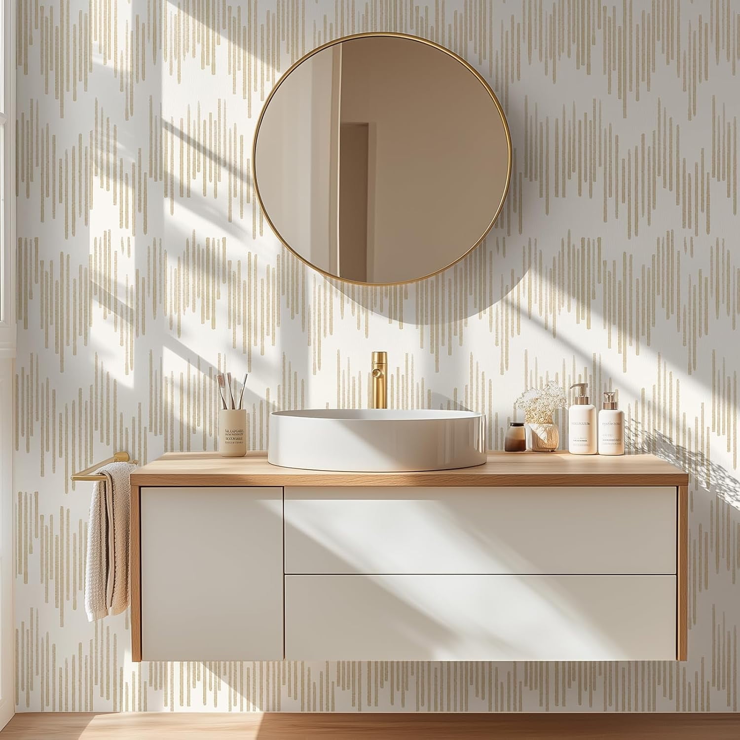 DAZLUTE Peel and Stick Wallpaper Beige Striped Wallpaper Geometric Contact Paper Self Adhesive Removable Wall paper Decorative for Home Bedroom Cabinets Thicken,17.32 in x 394 in