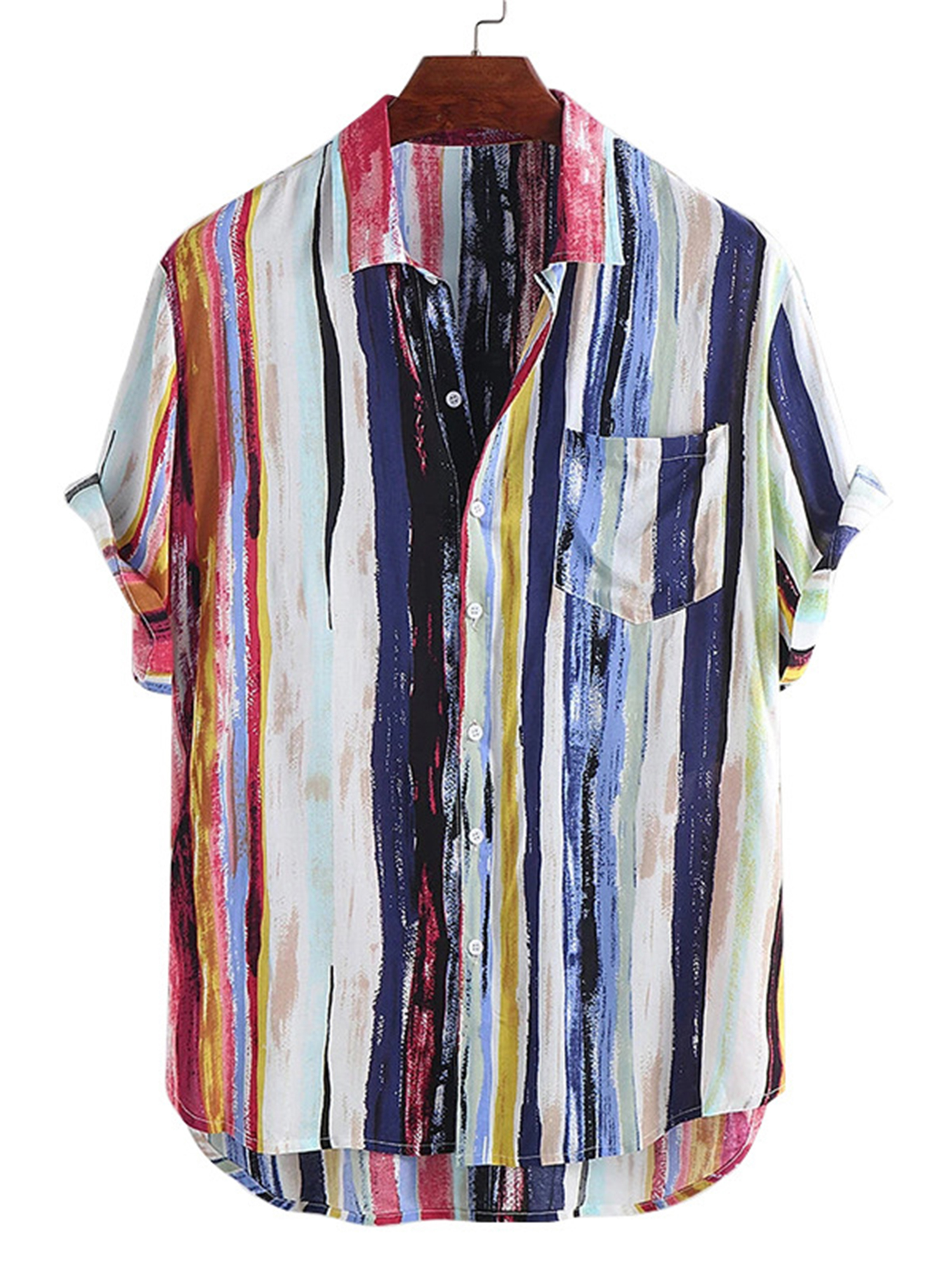 Mens Stylish Color Block Shirts Button Up Short Sleeve Blouse Hawaiian Beach Geometric Figure Summer Shirts