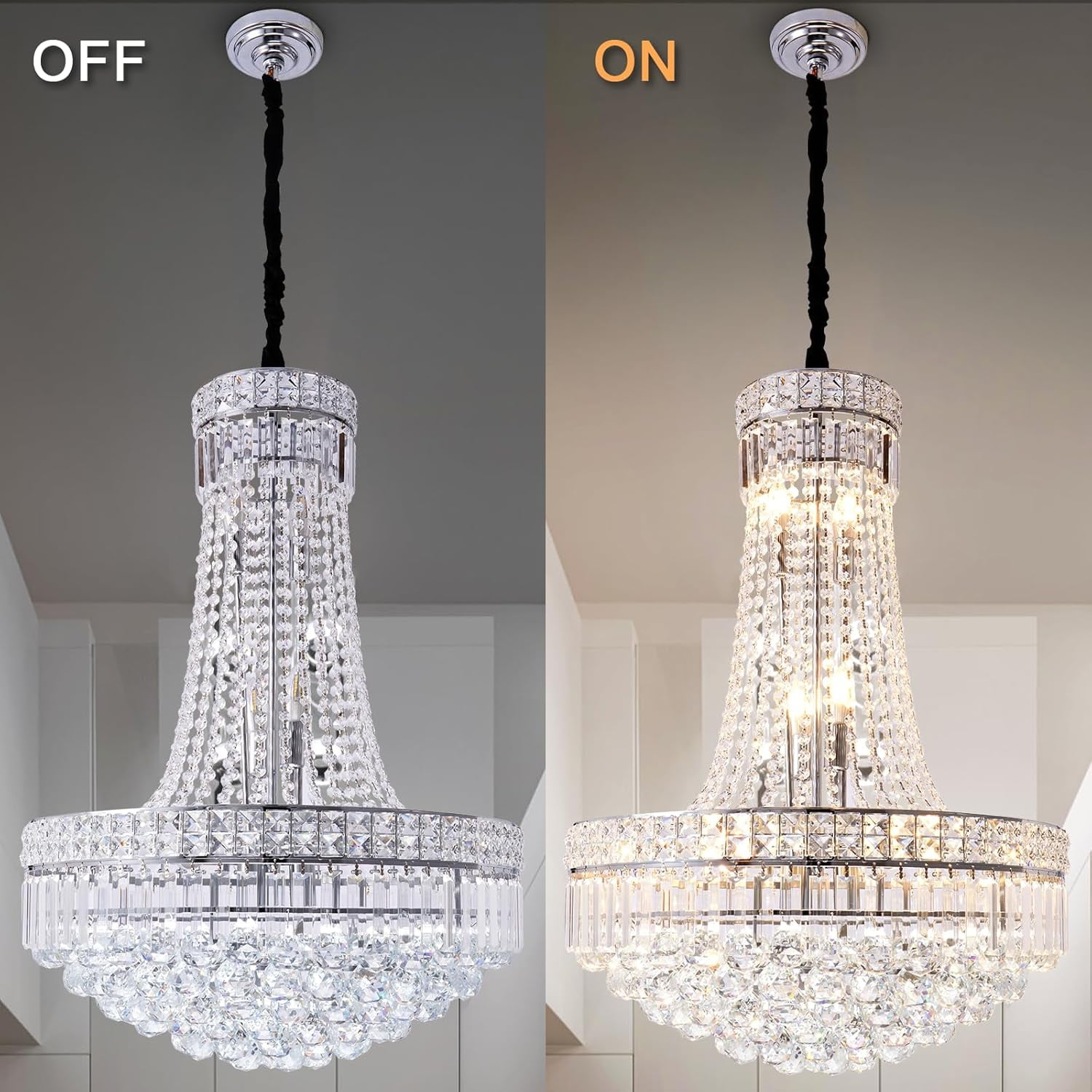 More Change Modern Crystal Chandelier Chrome Empire Hanging Chandelier 13-Lights Crystal Ceiling Pendant Light Fixture for Living Room Dining Room Foyer
