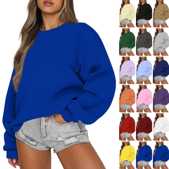 KDDYLITQ Oversized Sweatshirt for Women Long Sleeve Crewneck Basic Solid Loose Fit Cozy Sweatshirts Lightweight Cute 2026 Pullover Tops Royal Blue S